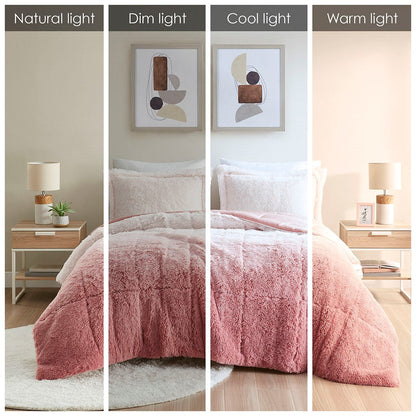 Twin/Twin XL Ombre Shaggy Long Fur Comforter Mini Set Pink ombre plush with white pillows on Tampa Home & Garden Store