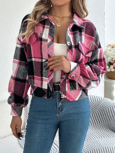 Pink plaid cropped button-up long sleeve jacket by Stevvex worn with white top and blue jeans on Tampa Home & Garden Store