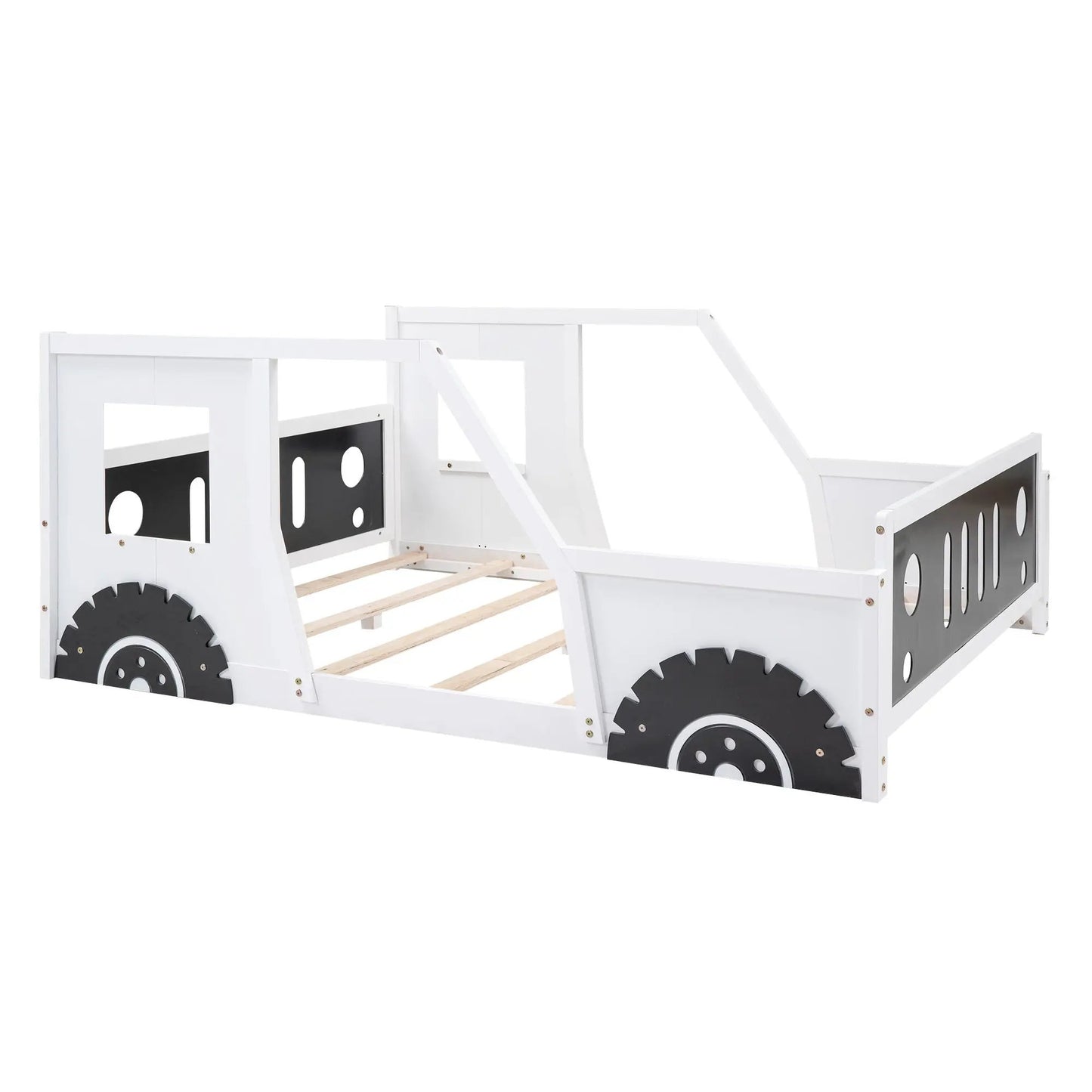 Classic car shaped platform bed with wheels, white frame and black panel accents on Tampa Home & Garden Store