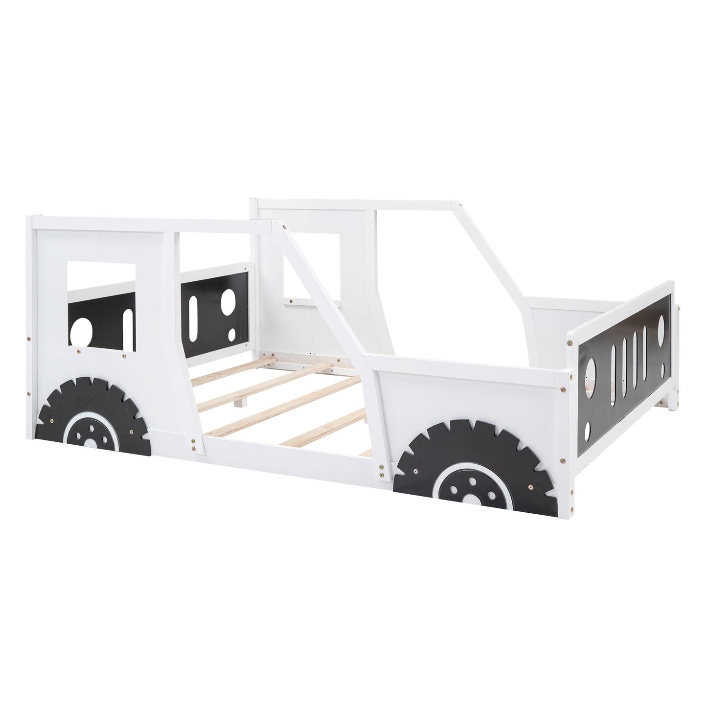 Classic car shaped platform bed with wheels, white frame and black side panels on Tampa Home & Garden Store
