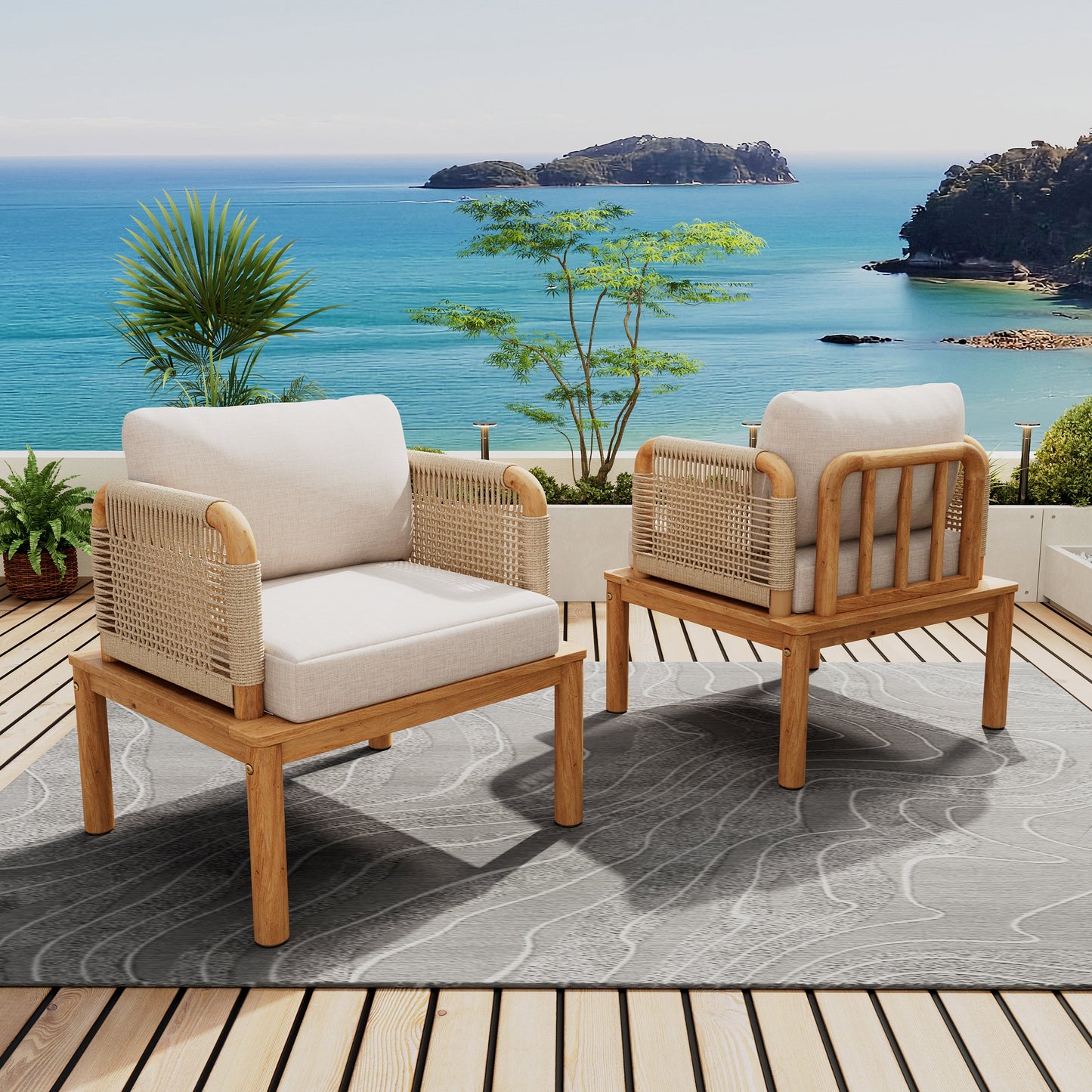 Set of Two Outdoor Acacia Wood Rope Club Chairs