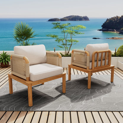 Set of Two Outdoor Acacia Wood Rope Club Chairs