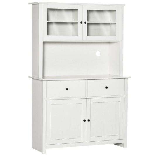 Kitchen buffet with hutch in antique white, framed glass doors over two shelves with black knobs on Tampa Home & Garden Store