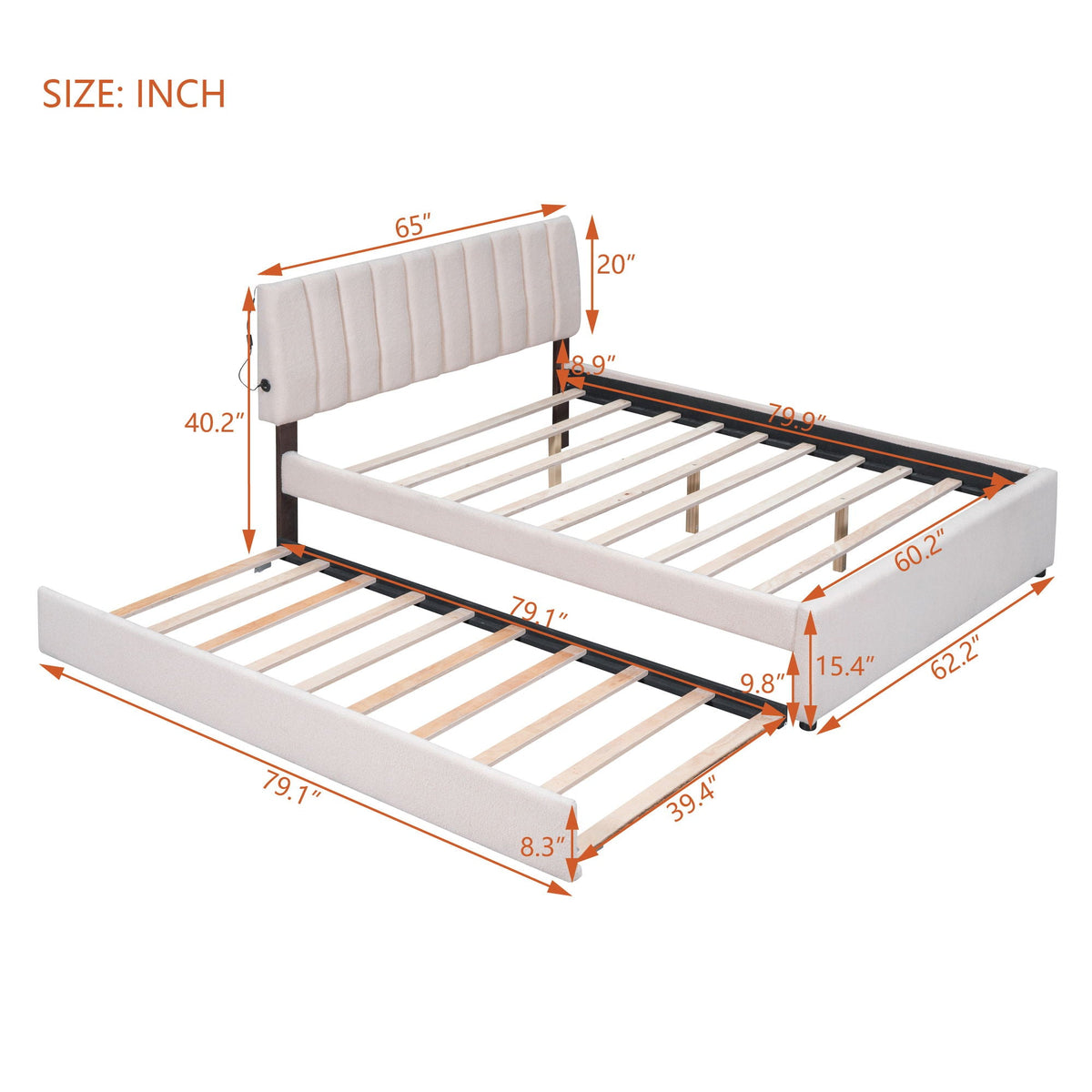Upholstered platform bed by HouseOfZazla with a trundle, beige headboard and black rails on Tampa Home & Garden Store