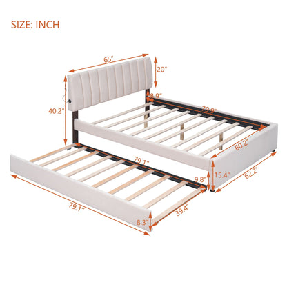 Upholstered platform bed by HouseOfZazla with a trundle, beige headboard and black rails on Tampa Home & Garden Store
