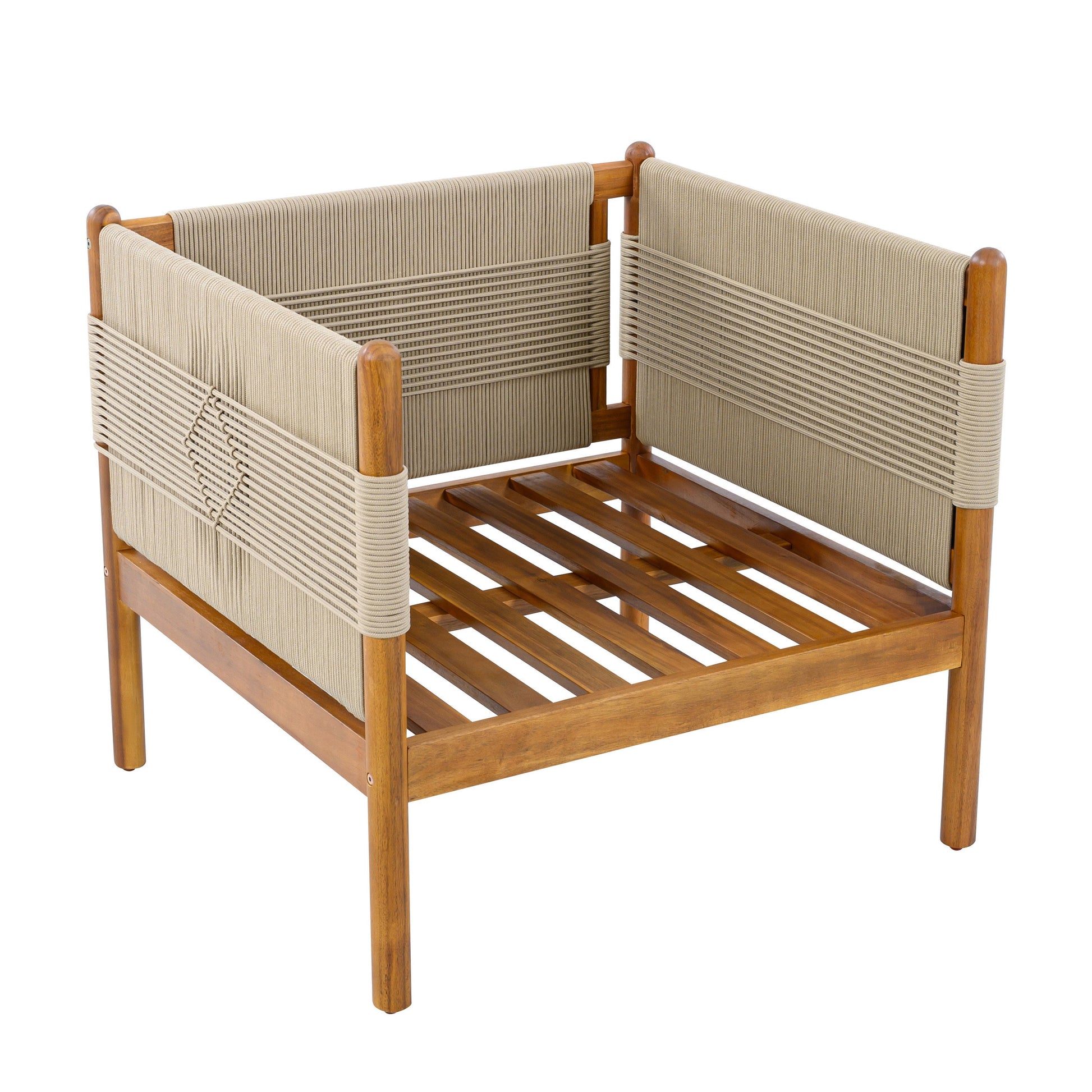 Outdoor Club Chairs (Set of 2) with beige rope-wrapped seating and teak frame by HouseOfZazla on Tampa Home & Garden Store