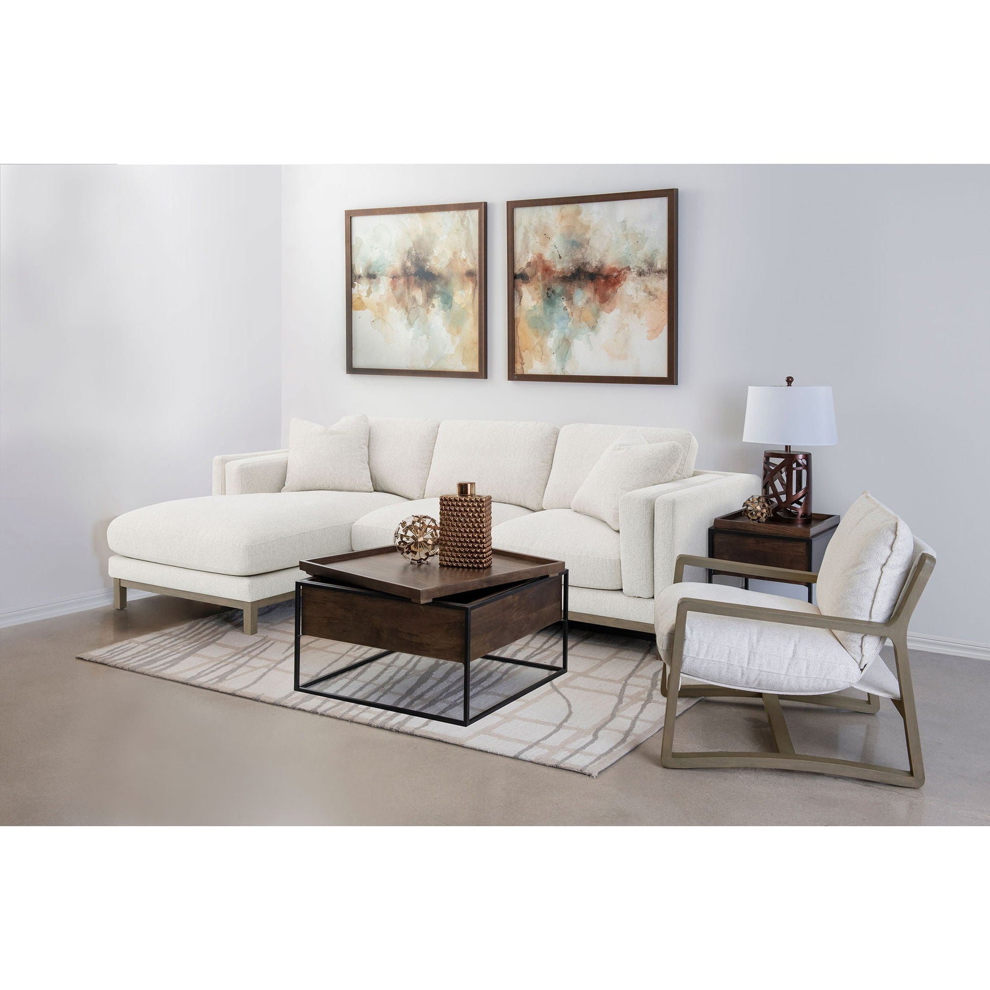 O'Brien sectional sofa with left chaise in sand fabric in a modern living room on Tampa Home & Garden Store