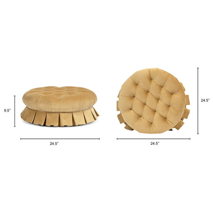 HouseOfZazla Roquefort 24.5in round tufted velvet pet bed with box-pleated skirt in golden-tan color on Tampa Home & Garden Store