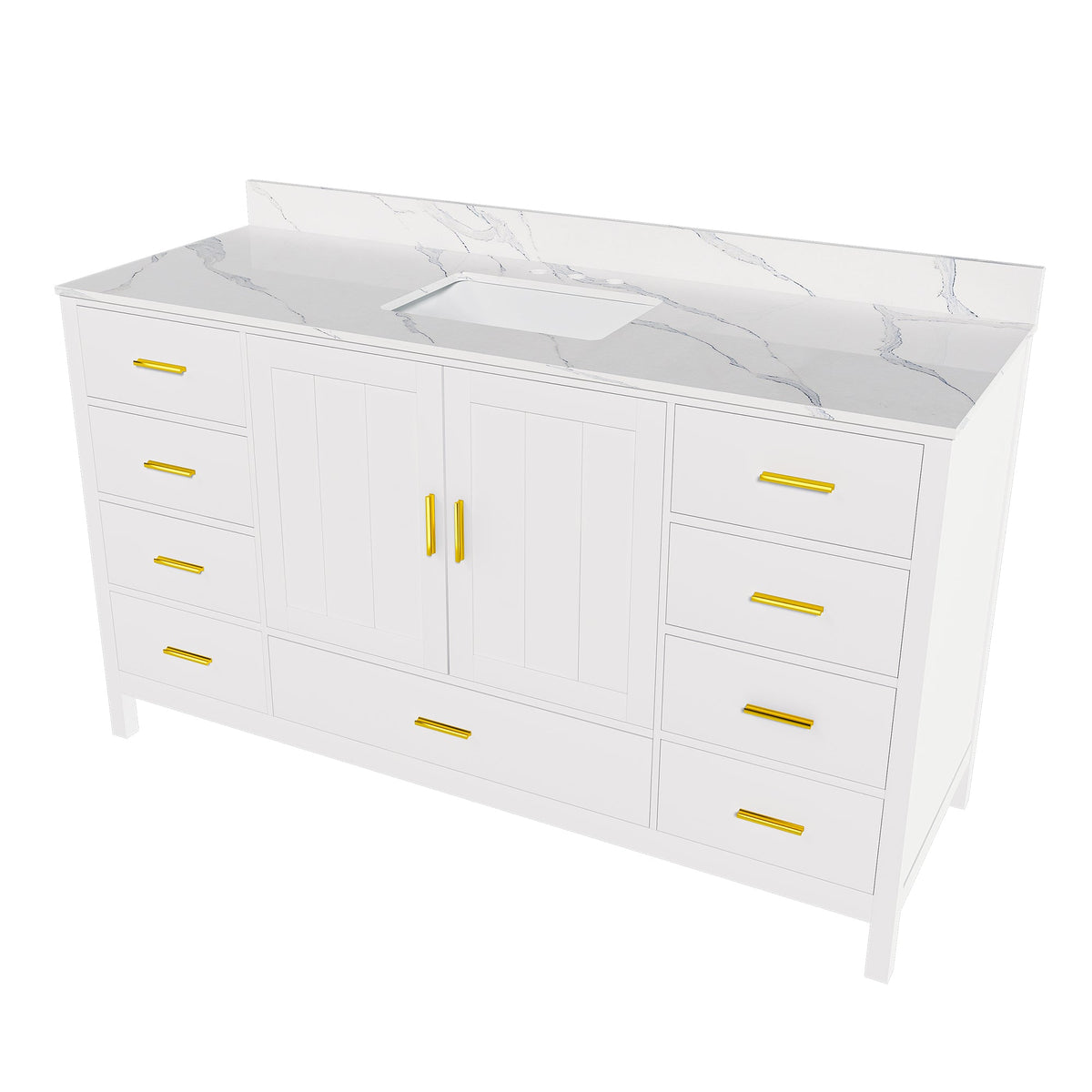 60-inch solid wood bathroom vanity with Carrara sink, white cabinet and gold hardware on Tampa Home & Garden Store