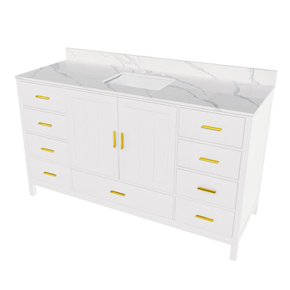 60-inch solid wood bathroom vanity with Carrara sink, white cabinet and gold hardware on Tampa Home & Garden Store