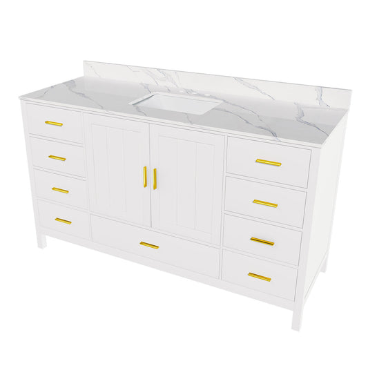 60-inch solid wood bathroom vanity with Carrara sink, white cabinet and gold hardware on Tampa Home & Garden Store