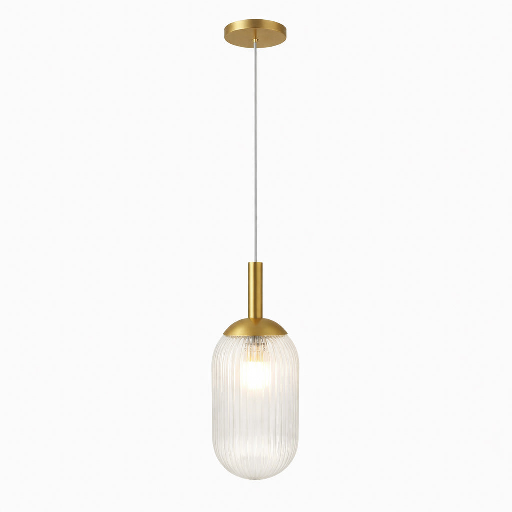 Gemma Pendant Lamp, gold brass finish with a tall ribbed clear glass shade by HouseOfZazla on Tampa Home & Garden Store