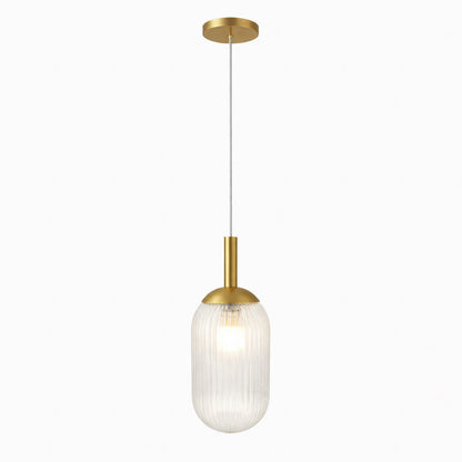 Gemma Pendant Lamp, gold brass finish with a tall ribbed clear glass shade by HouseOfZazla on Tampa Home & Garden Store