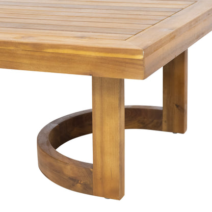 Outdoor acacia wood coffee table with curved circular base and natural finish on Tampa Home & Garden Store