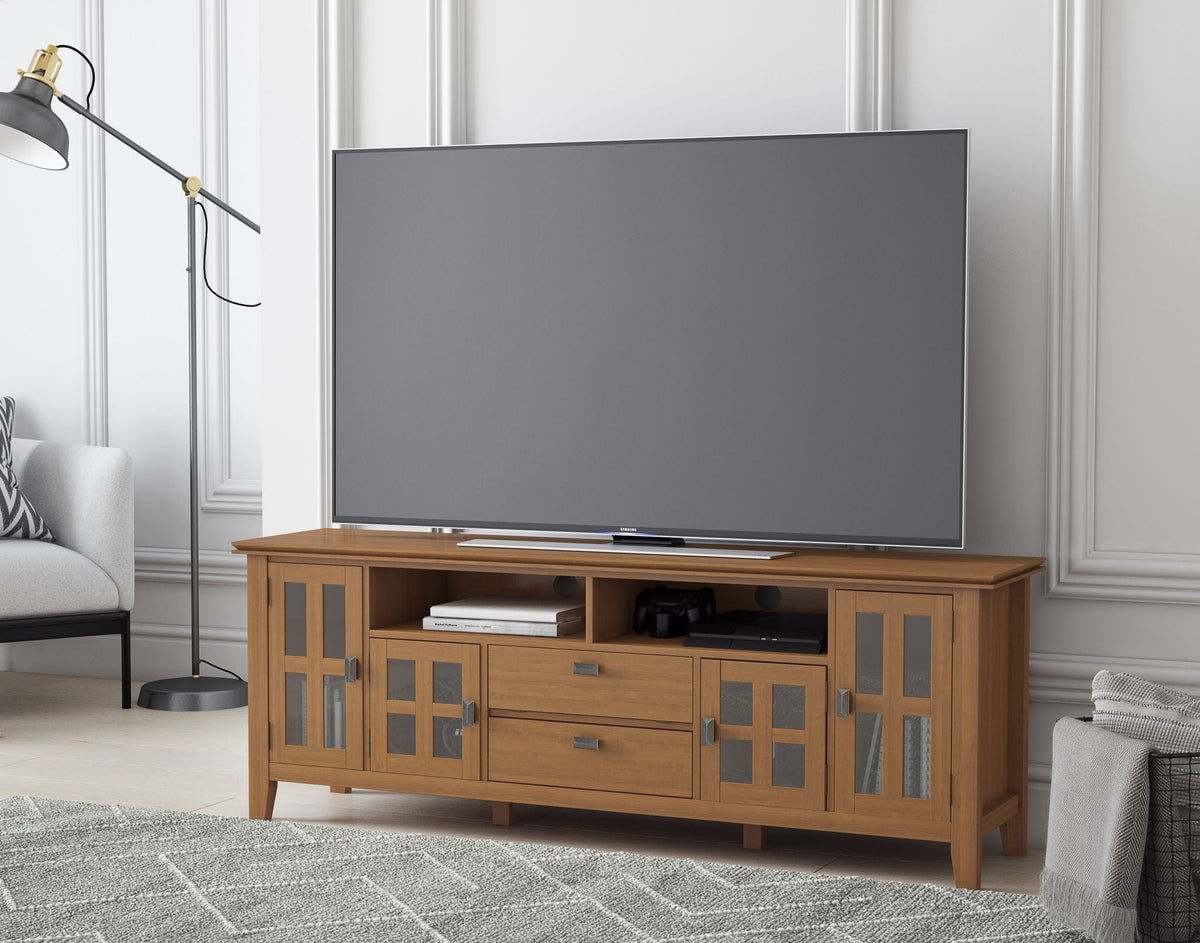 Artisan solid wood TV stand with flip drawer by HouseOfZazla in warm oak finish on Tampa Home & Garden Store