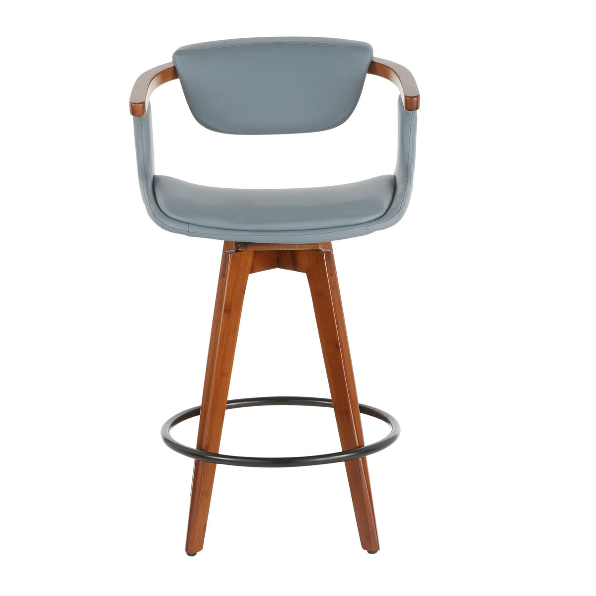Mid Century Modern counter stool with swivel seat in blue-gray upholstery, wood legs on Tampa Home & Garden Store