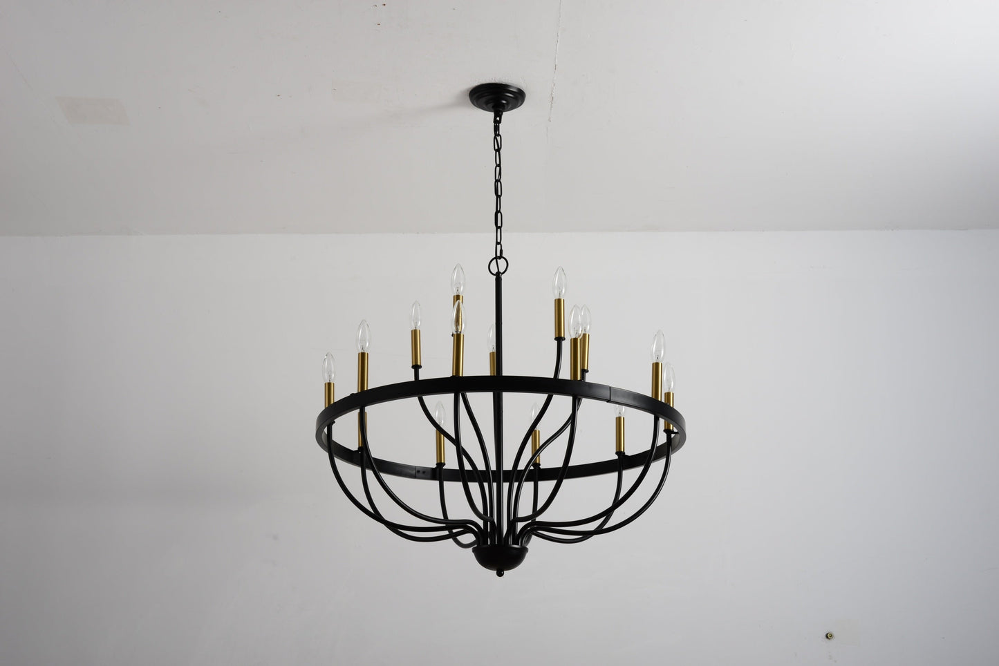 18-light industrial iron candle chandelier with black frame and gold candle cups on Tampa Home & Garden Store