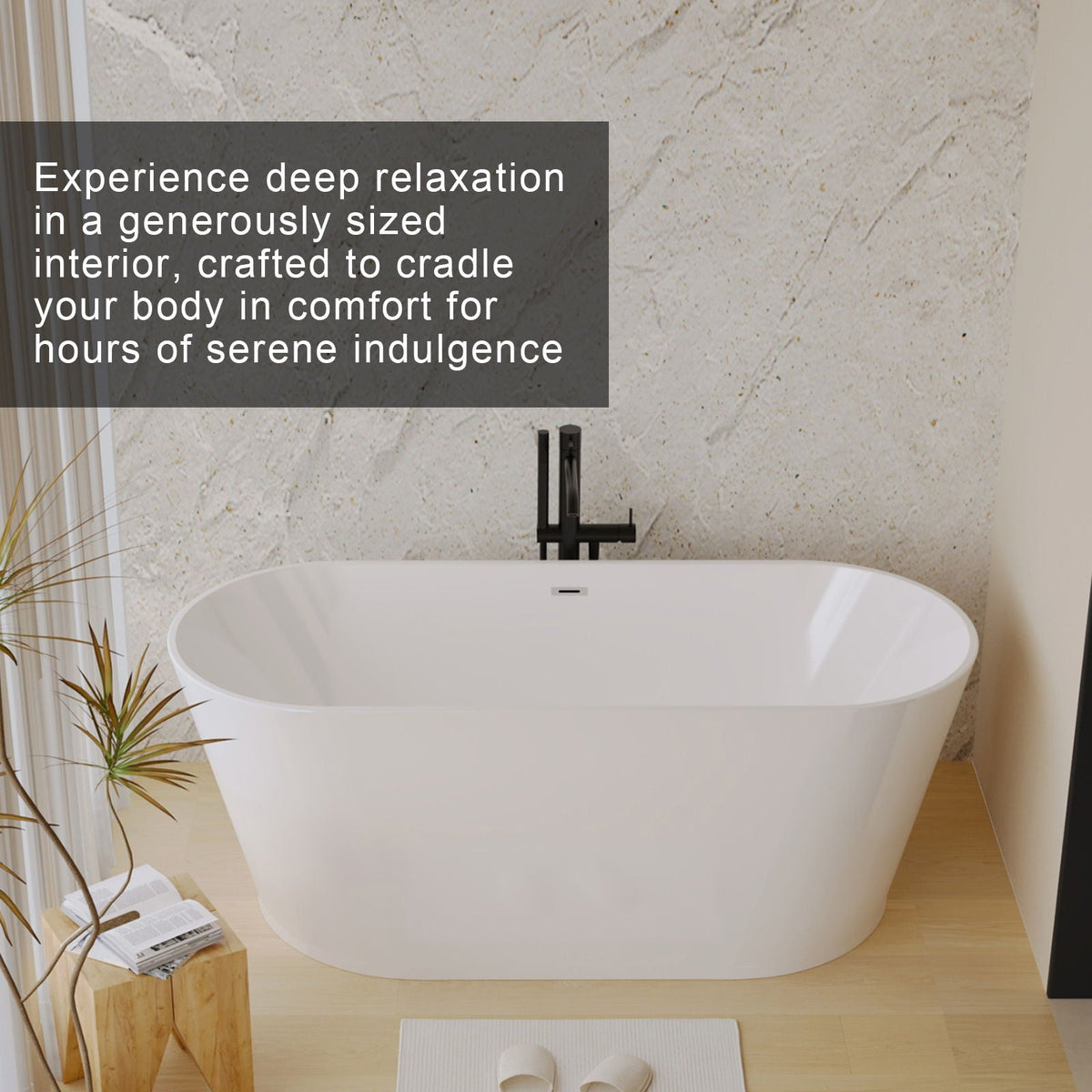 Glossy white freestanding tub with toe-tap drain and matte black faucet in beige travertine bath on Tampa Home & Garden Store