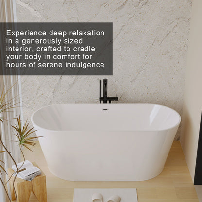 Glossy white freestanding tub with toe-tap drain and matte black faucet in beige travertine bath on Tampa Home & Garden Store