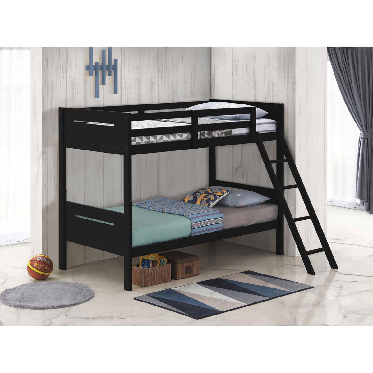 Bunk bed with built-in ladder, guardrails and angled access step, black metal frame on Tampa Home & Garden Store