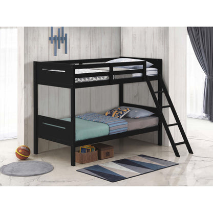 Bunk bed with built-in ladder, guardrails and angled access step, black metal frame on Tampa Home & Garden Store