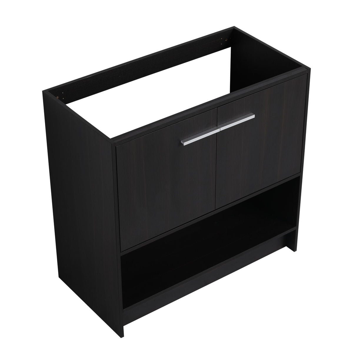 Black freestanding bathroom vanity with 2 doors, silver bar pulls, and open lower shelf on Tampa Home & Garden Store