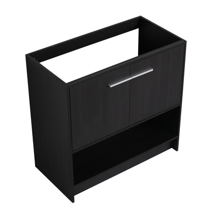 Black freestanding bathroom vanity with 2 doors, silver bar pulls, and open lower shelf on Tampa Home & Garden Store