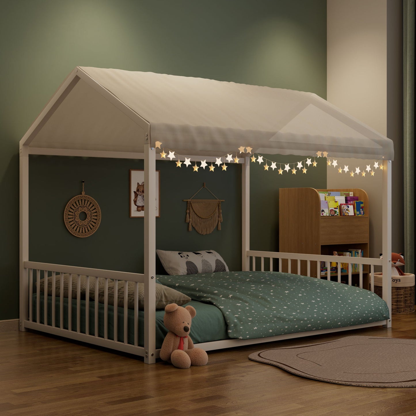 Montessori style floor house-shaped white canopy bed by HouseOfZazla with safety guardrails on Tampa Home & Garden Store