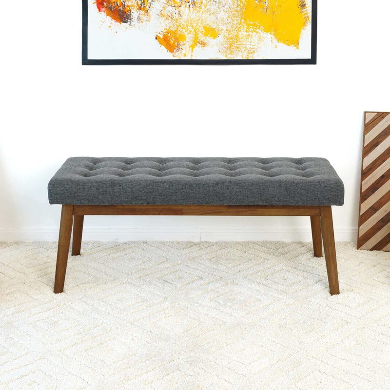 Modern gray velvet upholstered bench with tufted cushion and wooden legs by HouseOfZazla on Tampa Home & Garden Store