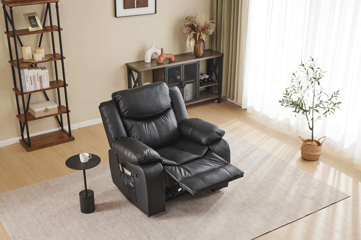 Black air leather recliner chair with vibration and heating by HouseOfZazla, extended footrest on Tampa Home & Garden Store