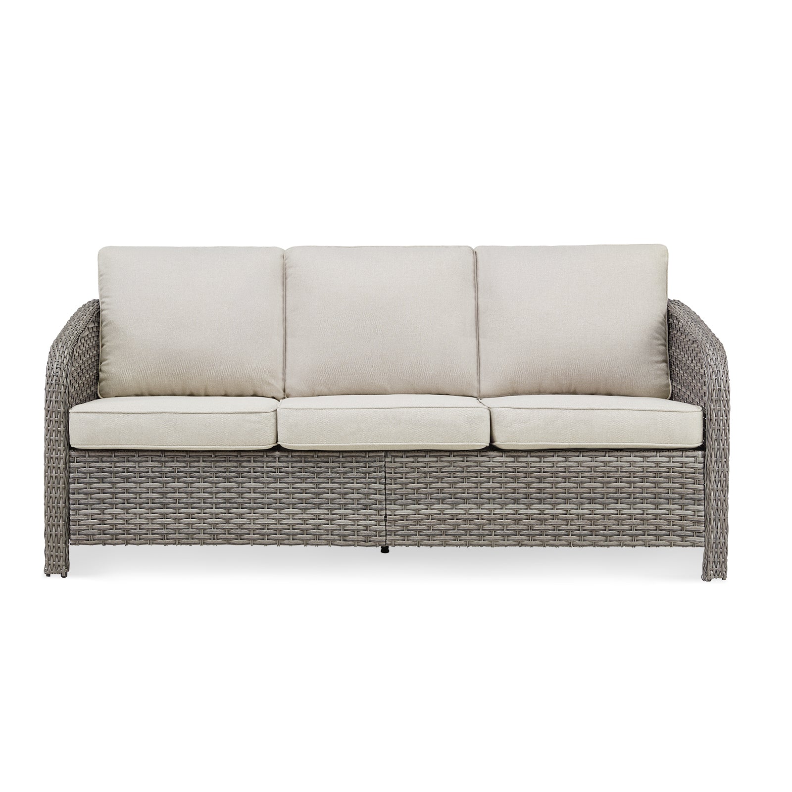 3-seat PE wicker outdoor sofa by HouseOfZazla with beige cushions and gray woven frame on Tampa Home & Garden Store