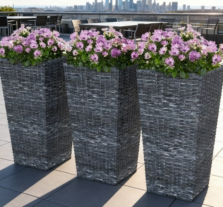 Taper Planters set of 3 by HouseOfZazla in woven texture with drainage holes and blooms on Tampa Home & Garden Store