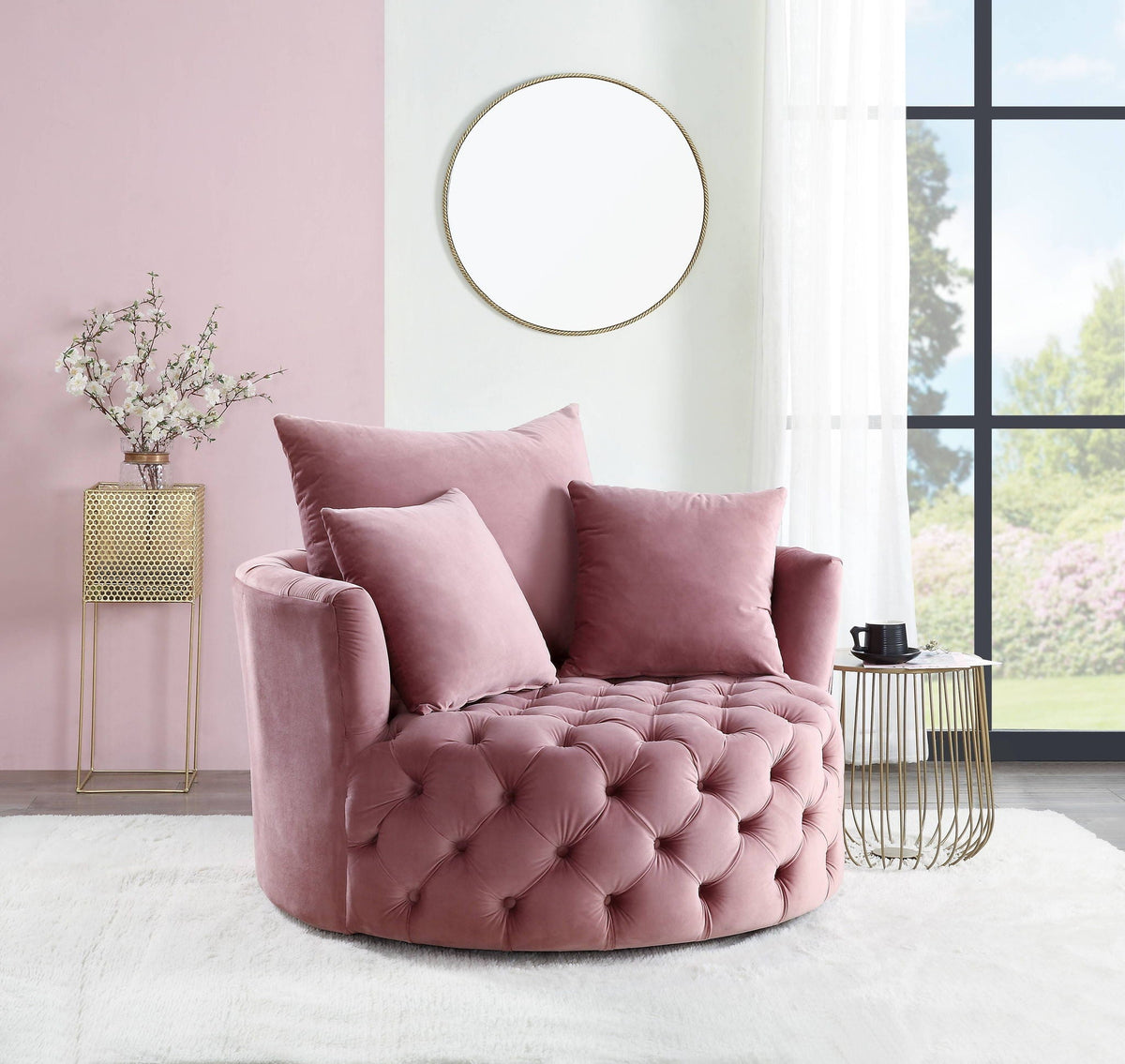 Velvet swivel accent chair with button tufting in pink, round tufted seat on Tampa Home & Garden Store