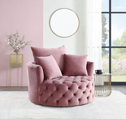 Velvet swivel accent chair with button tufting in pink, round tufted seat on Tampa Home & Garden Store