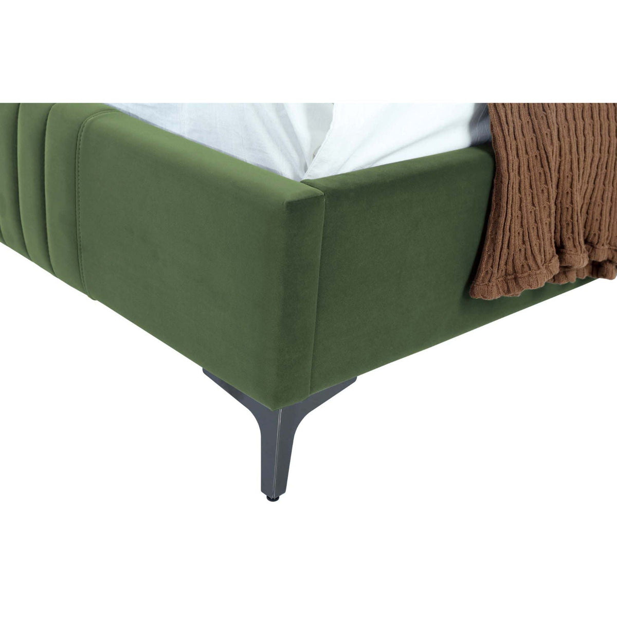 Promenade upholstered bed frame in green velvet with metal legs and brown knit throw on Tampa Home & Garden Store