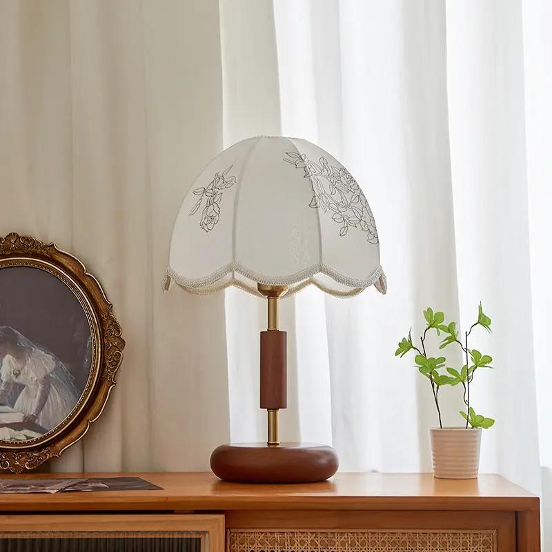 French retro oak solid wood fabric table lamp with white lace shade and brass accents on Tampa Home & Garden Store