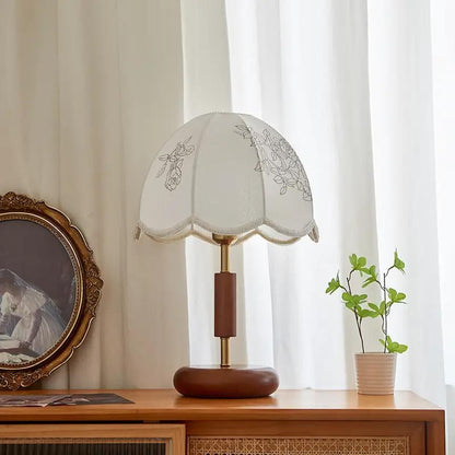French retro oak solid wood fabric table lamp with white lace shade and brass accents on Tampa Home & Garden Store