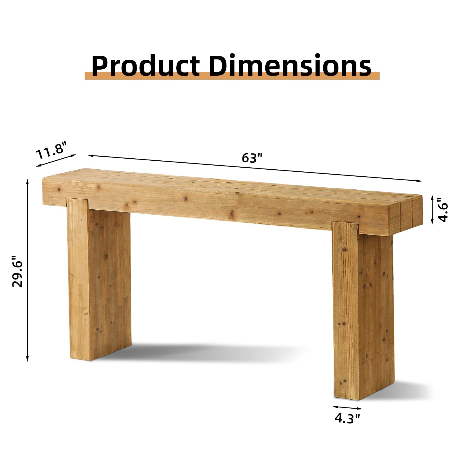63-inch solid wood console table by HouseOfZazla, rustic farmhouse sofa table in natural wood on Tampa Home & Garden Store