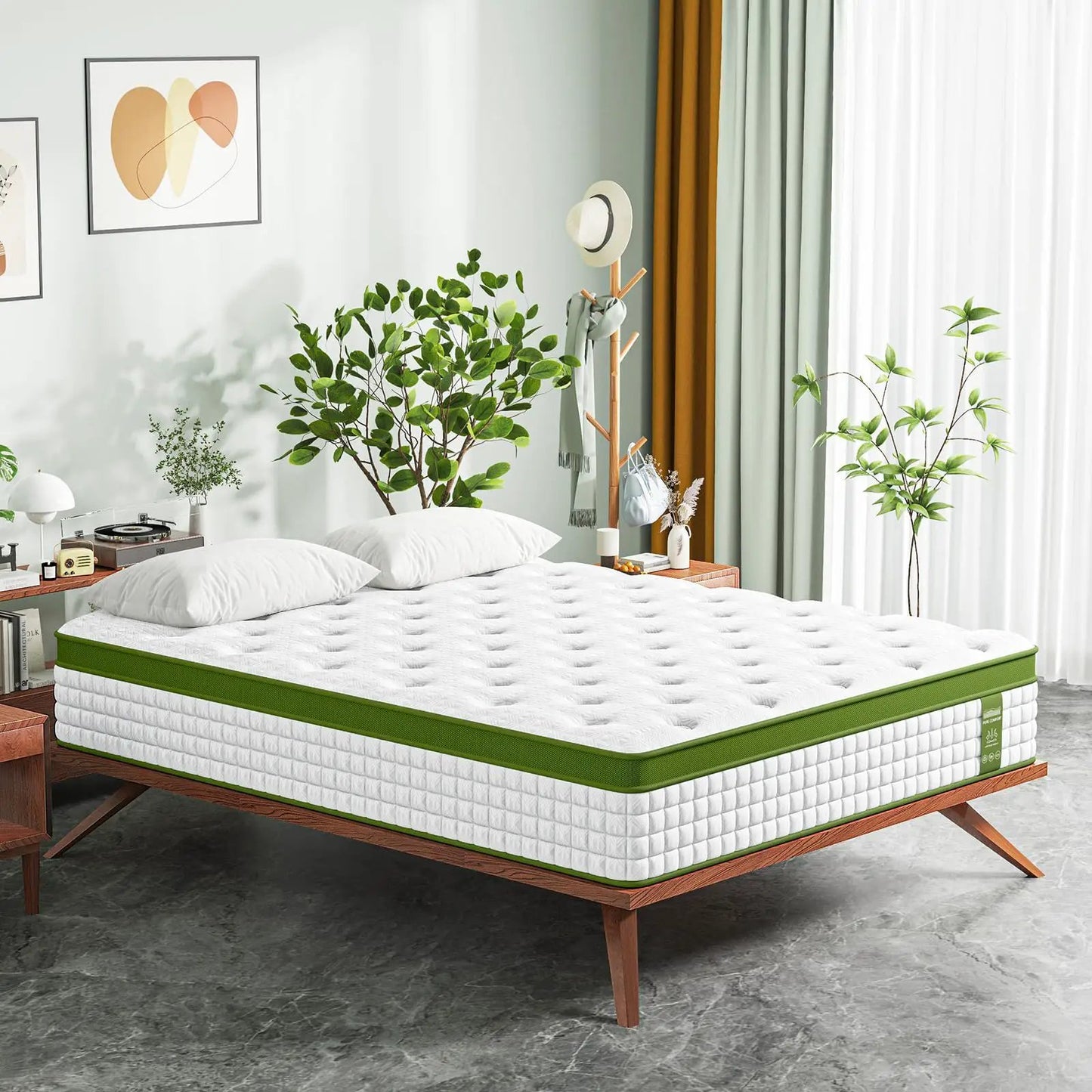 12in Hybrid Mattress with Gel Memory Foam & Pocket Springs, white with green edge on Tampa Home & Garden Store