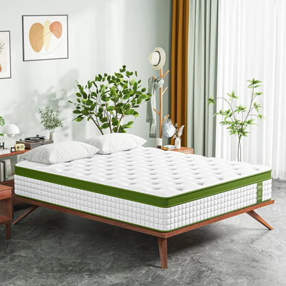 12in Hybrid Mattress with Gel Memory Foam & Pocket Springs, white with green edge on Tampa Home & Garden Store