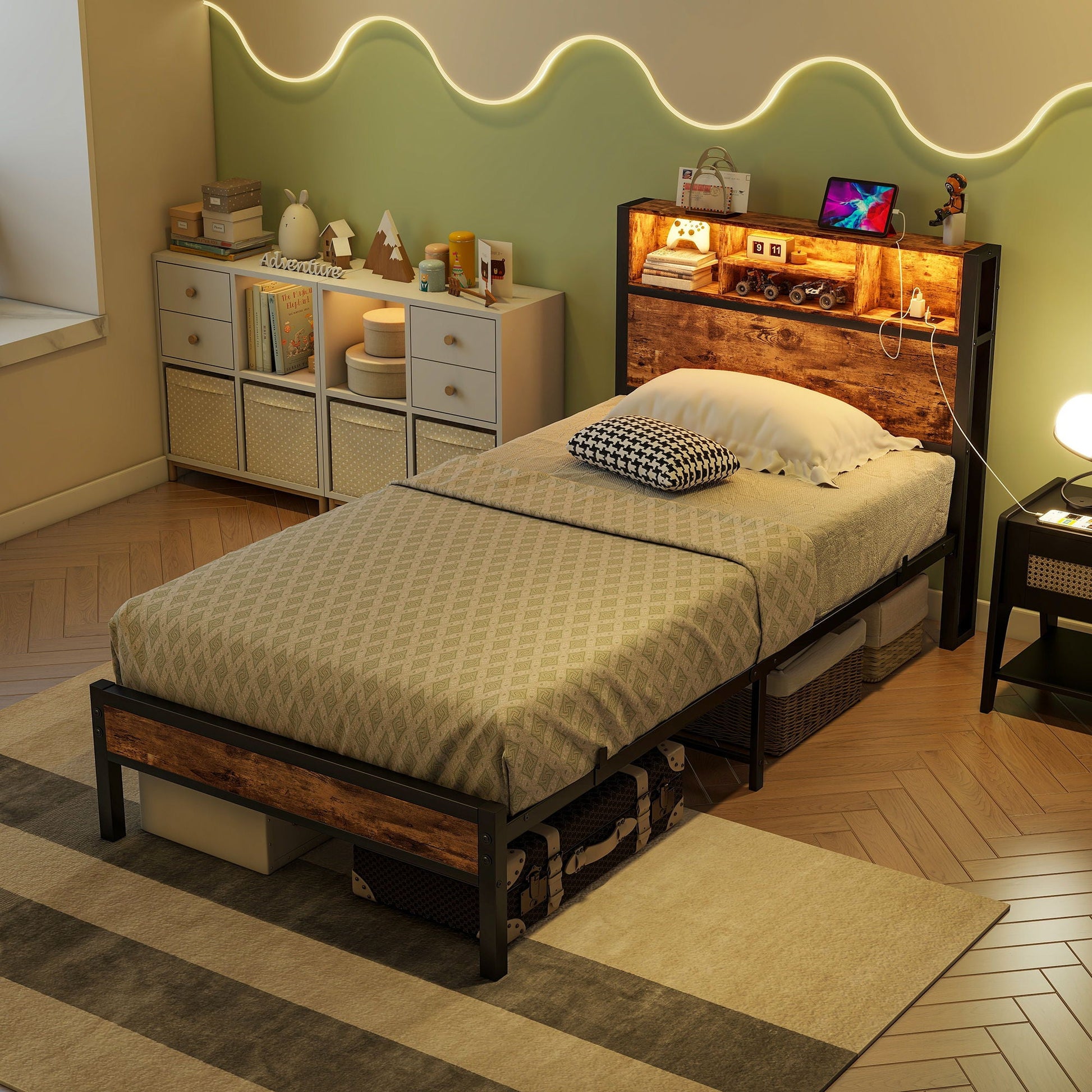 Modern twin-size metal platform bed frame with brown storage headboard and charging station, on Tampa Home & Garden Store