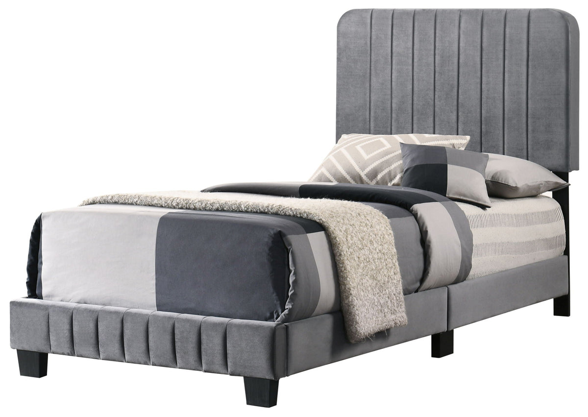 Channel Tufted Bed in gray velvet by HouseOfZazla with vertical tufting and matching bedding on Tampa Home & Garden Store