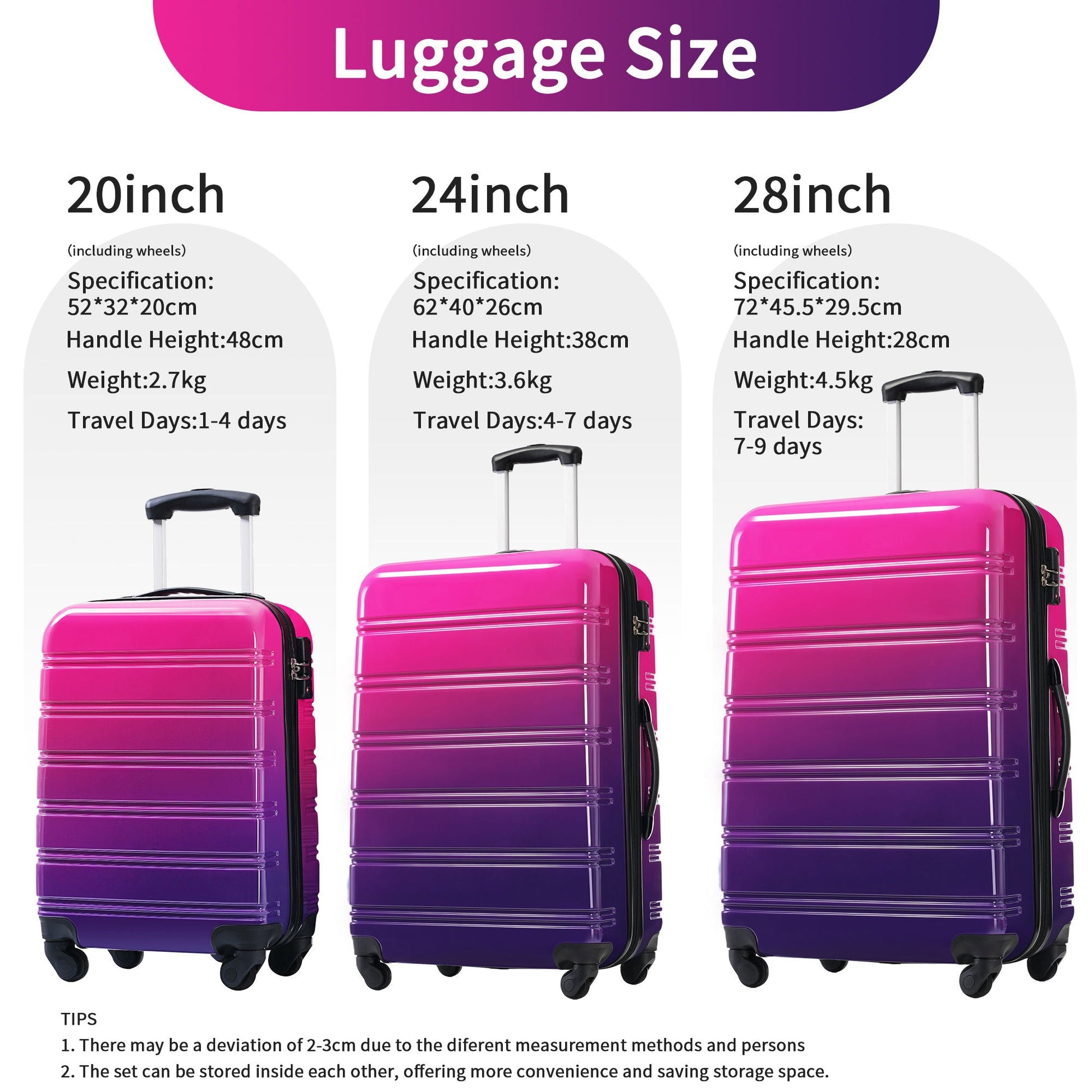 HouseOfZazla 3-piece gradient hardshell luggage set with spinner wheels and TSA lock 20/24/28in on Tampa Home & Garden Store