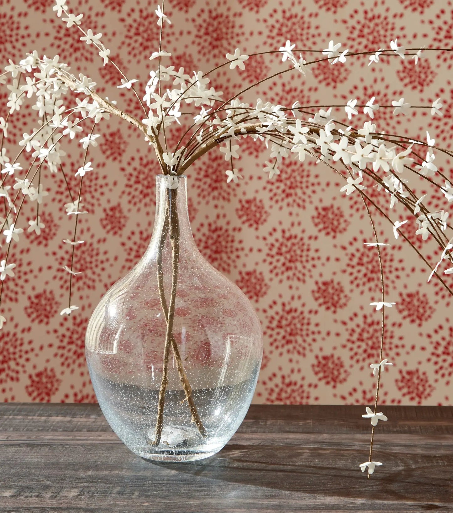 Kurthorne vase with pink glass and white blossom accents on slim branches on Tampa Home & Garden Store