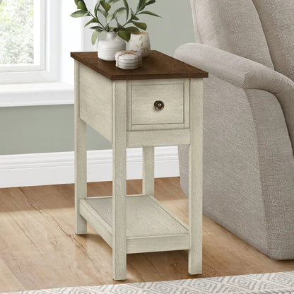 Accent End Table, 2-tier narrow with drawer, distressed cream finish and dark wood top on Tampa Home & Garden Store