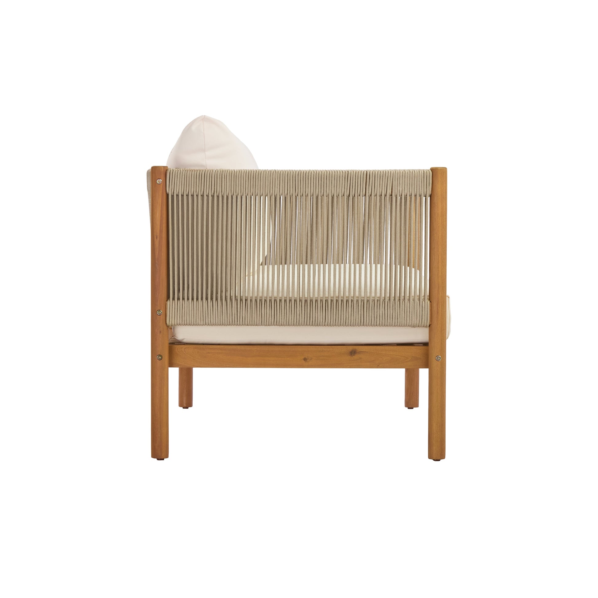 Outdoor lounge chair with teak-look acacia wood frame and beige woven cord back, light cushion on Tampa Home & Garden Store
