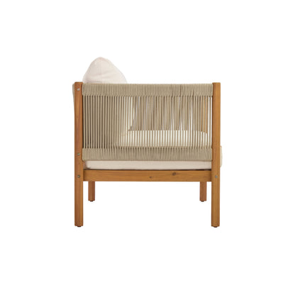 Outdoor lounge chair with teak-look acacia wood frame and beige woven cord back, light cushion on Tampa Home & Garden Store