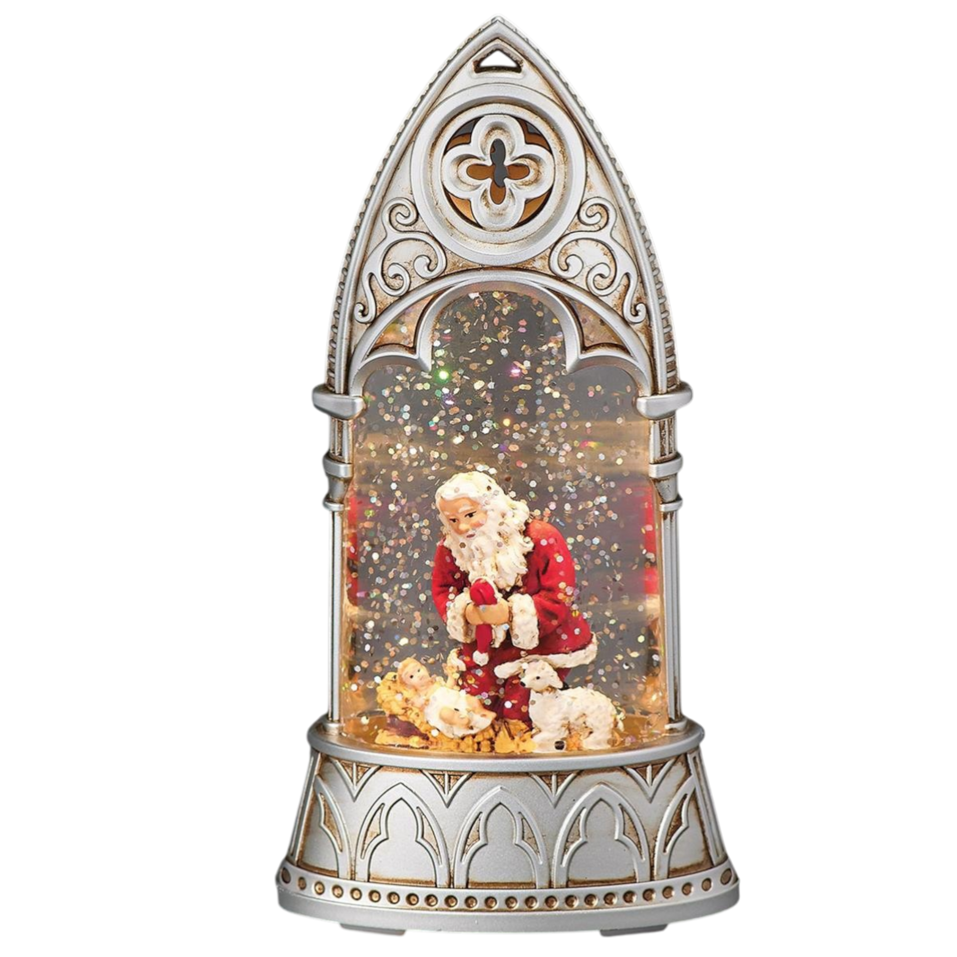 Lighted kneeling Santa arch waterglobe by The Country Christmas Loft in an ornate silver frame with glittery confetti on Tampa Home & Garden Store