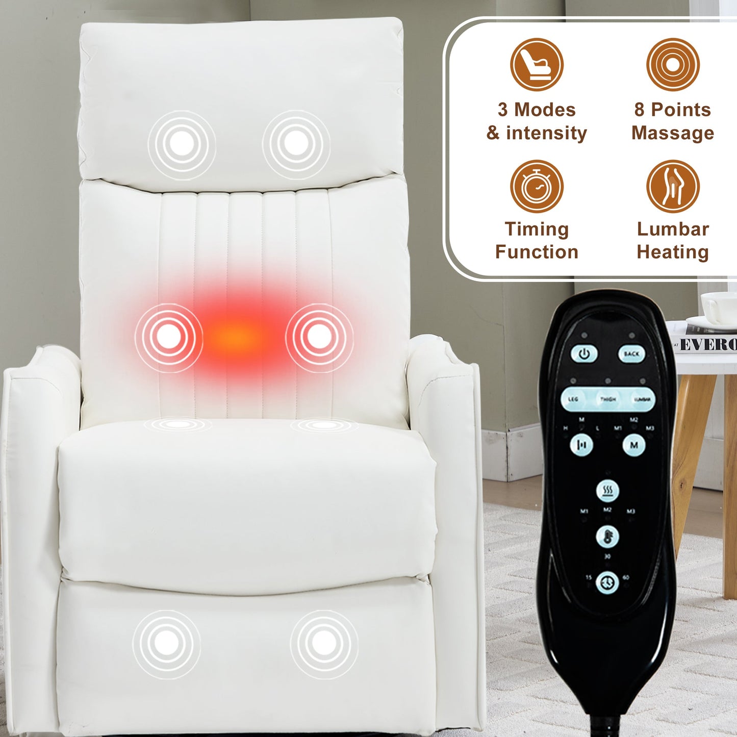 White heat massage recliner chair by HouseOfZazla with rocker and swivel in faux leather on Tampa Home & Garden Store