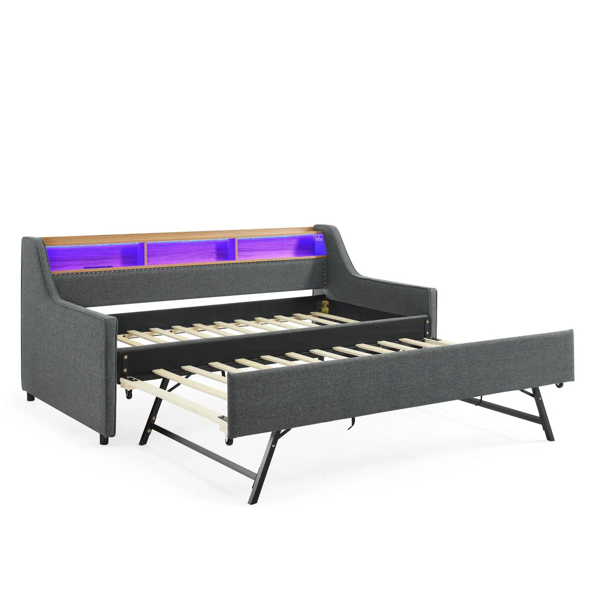 Upholstered sofa bed with storage headboard and purple LED lighting, fold-out trundle on Tampa Home & Garden Store